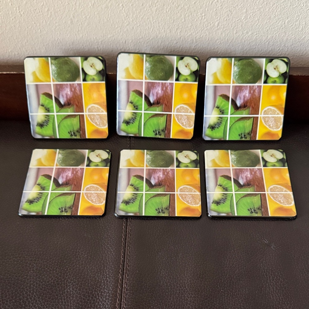 Coaster Set of 6 Features a Fruit Mosaic Design w/Black Coaster Holder